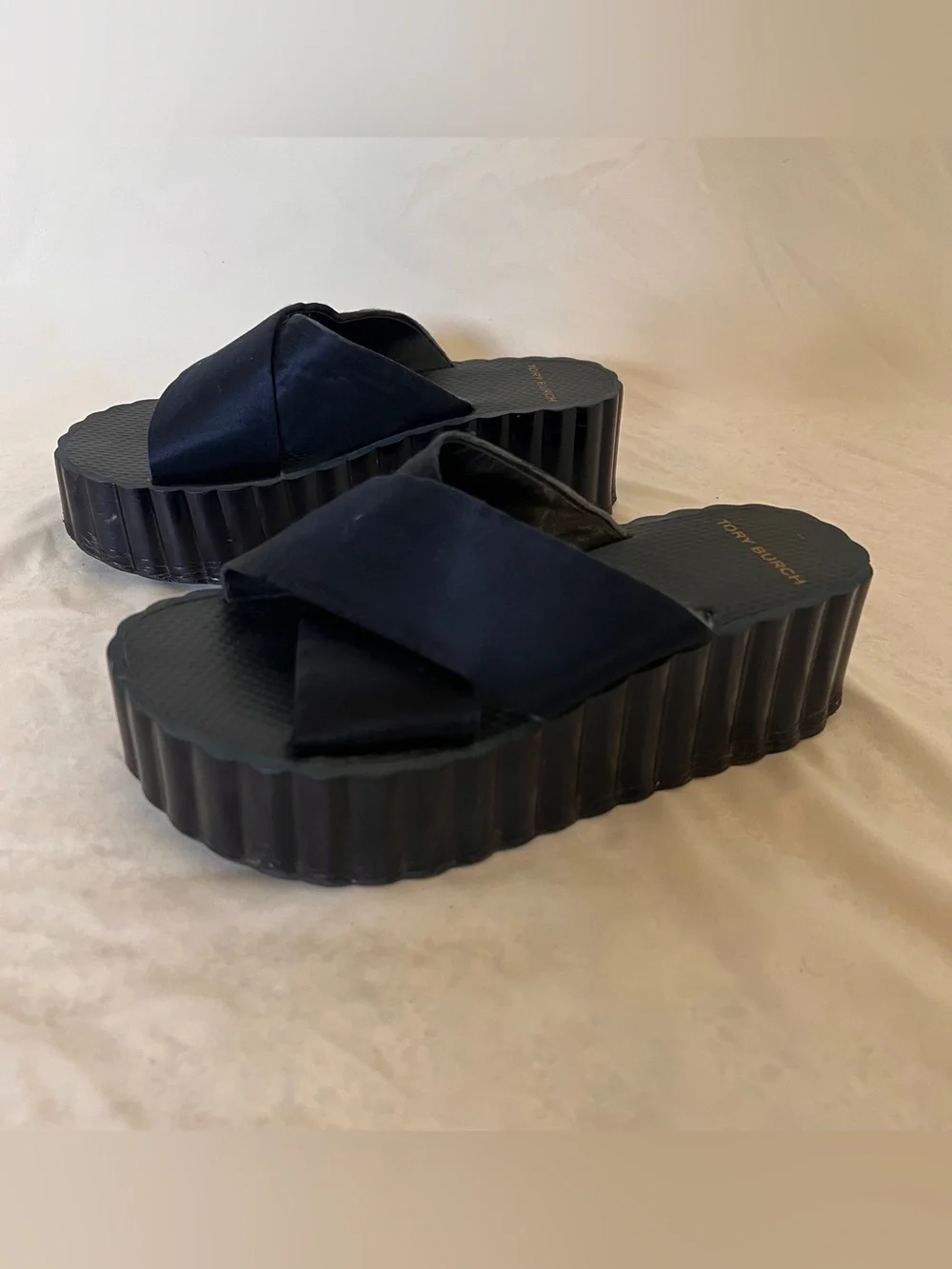 Tory Burch Satin Scalloped Platform Wedge Slide Sandals in Perfect Navy